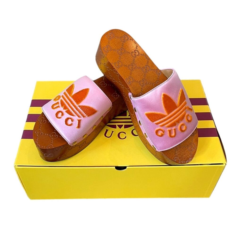 New GUCCI x ADIDAS Women's Satin GG Platform Sandals Clogs Pink Size 38 | US 8